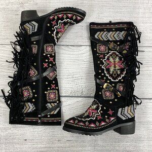Aztec Embroidered Tassled Tall Boots Women Size 8 Suede Tassled Lined Boots NEW